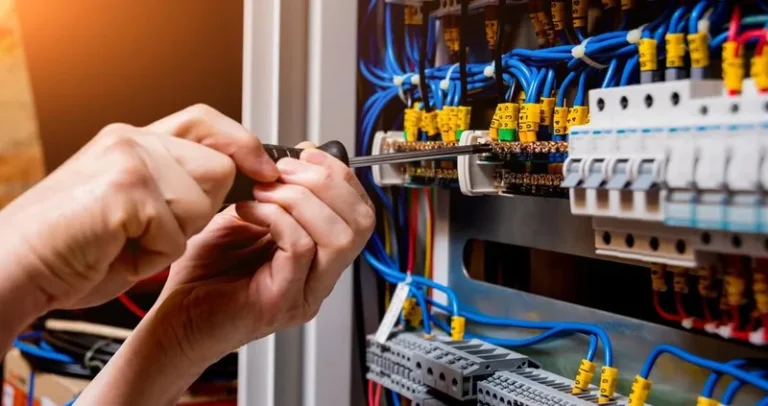 close up of an electricians hands holding a screwdriver to tighten the wiring connections on an electrical panel