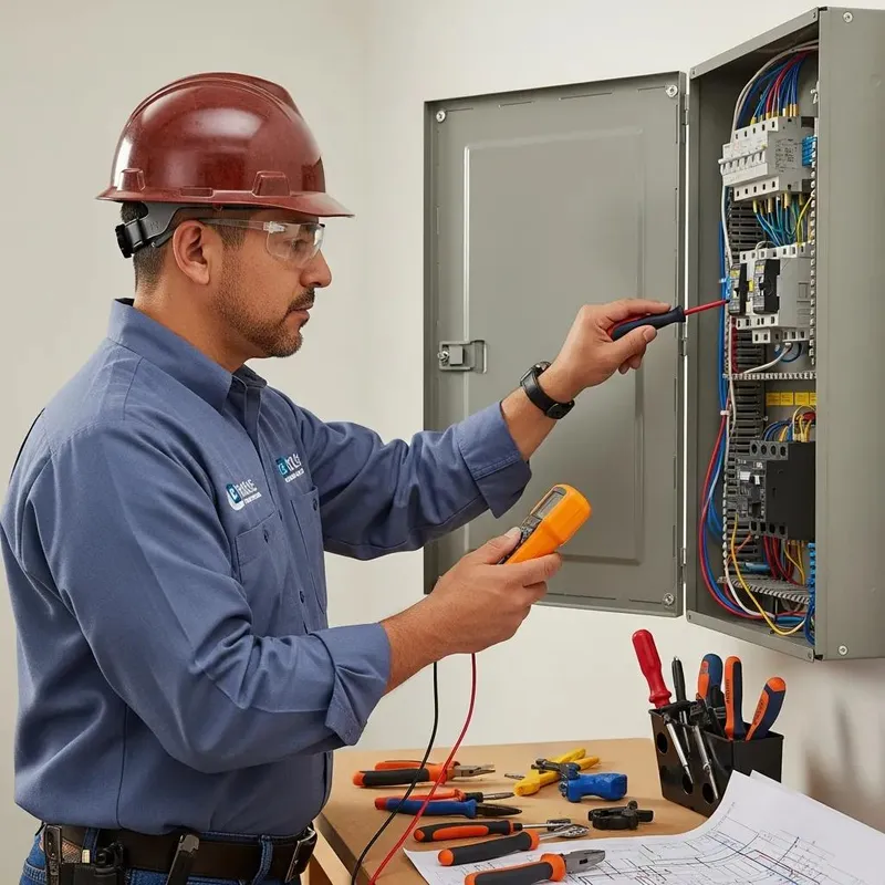 Licensed electrician working on a residential electrical panel in Fresno, California
