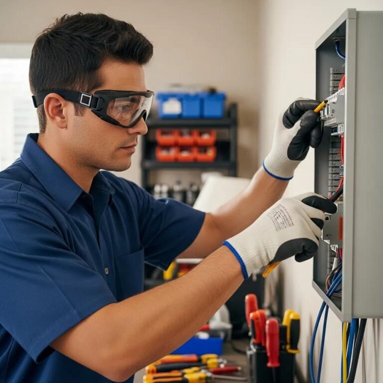 Licensed electrician working on an electrical panel in a residential setting in Fresno, CA