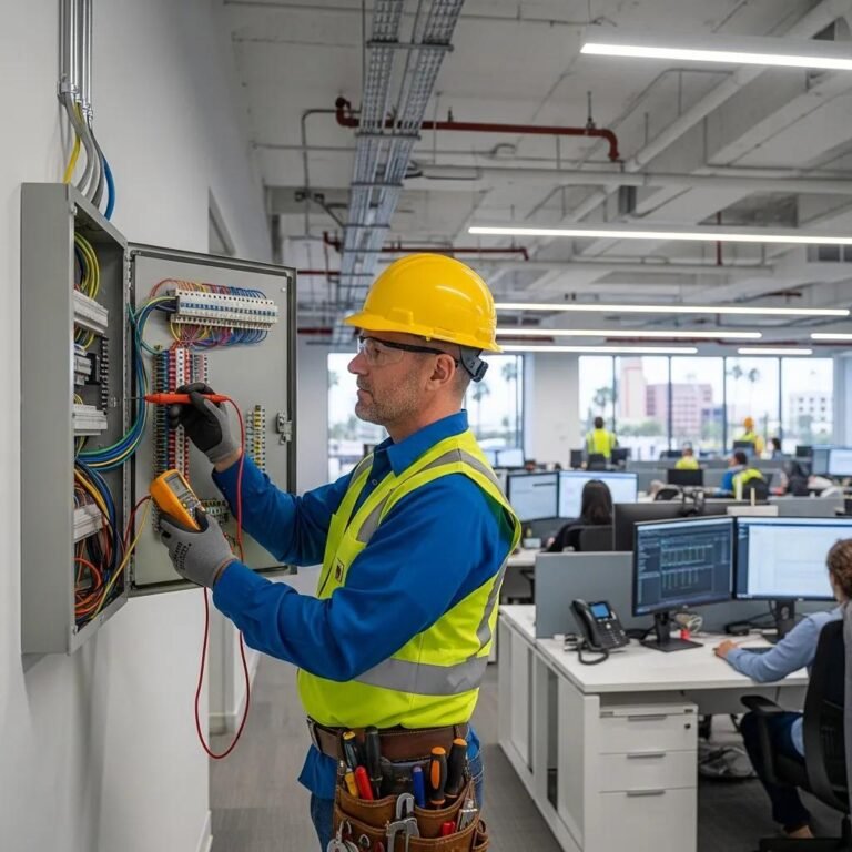 Commercial electrician inspecting electrical systems in a Fresno business environment