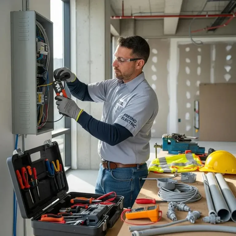 Commercial electrician installing electrical panels in a Fresno business environment