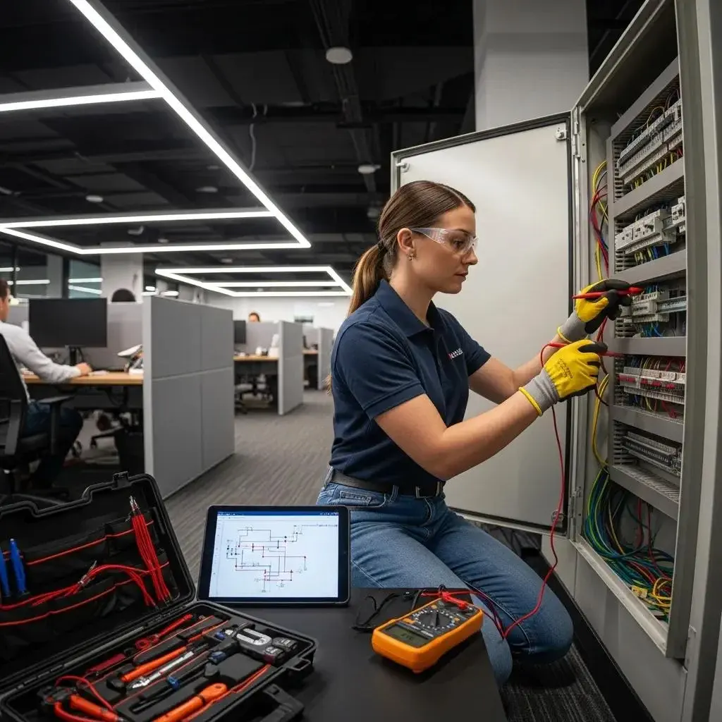 Commercial electrician performing preventive maintenance on a business electrical system