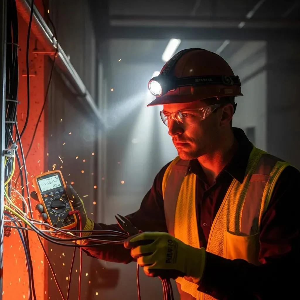 Electrician inspecting exposed wiring in an emergency situation, emphasizing the urgency and expertise required