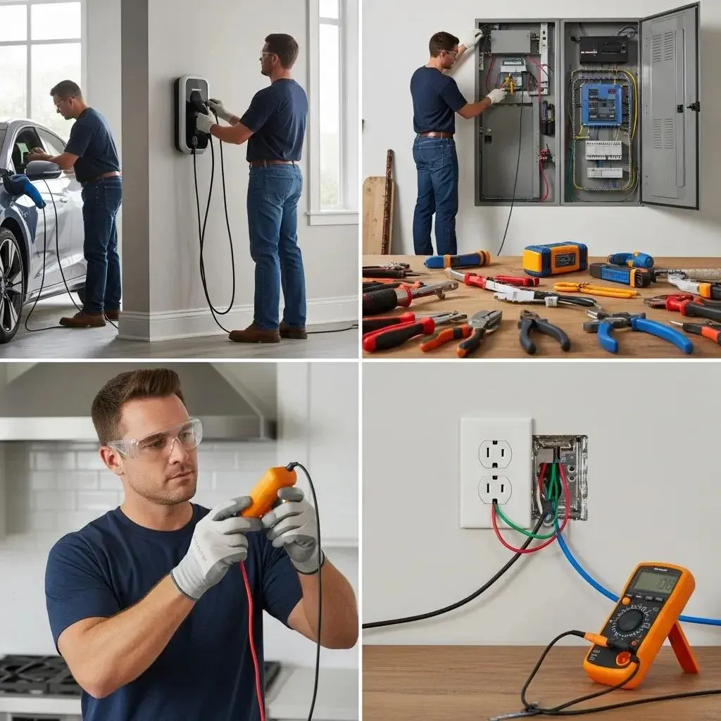 Residential electrician installing GFCI outlets and upgrading an electrical panel in a home