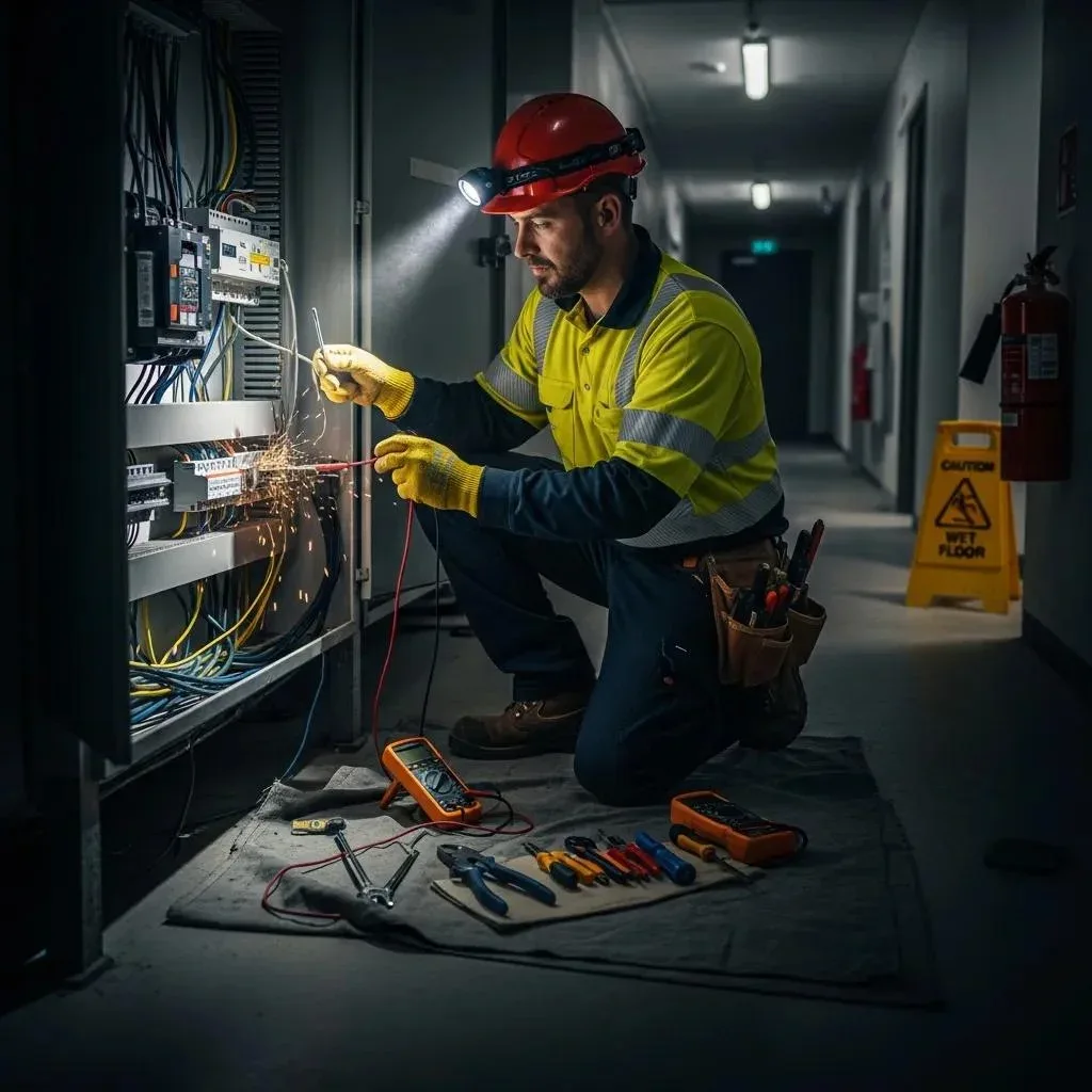 A Fresno electrician responding to a commercial power outage and making emergency repairs