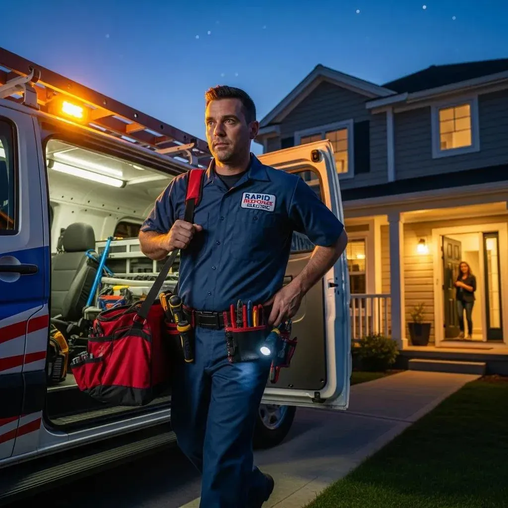 Emergency electrician arriving at a residential property for urgent repairs