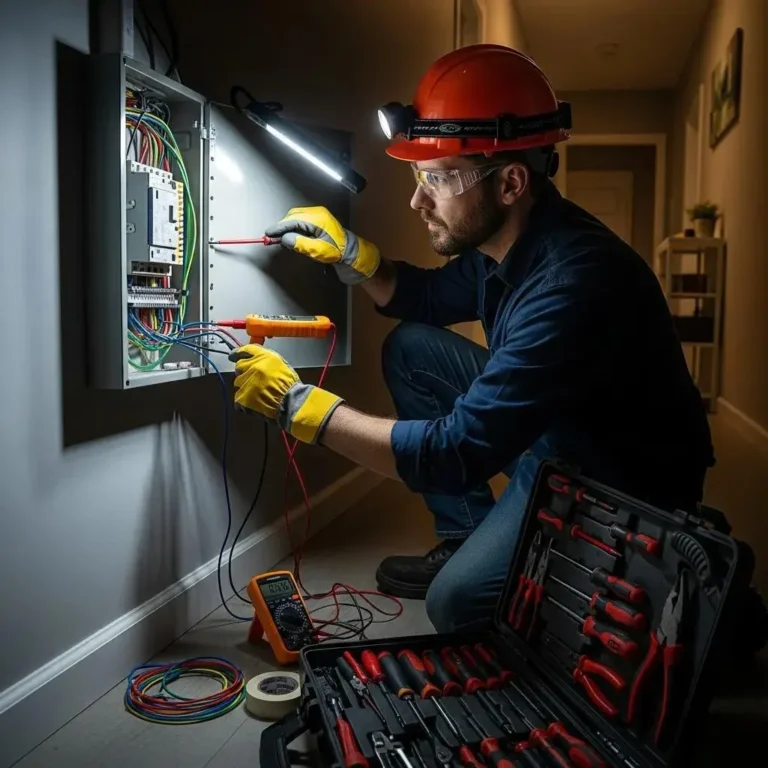 Emergency electrician working on a residential electrical panel, showcasing urgency and professionalism