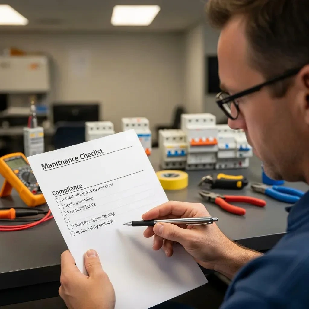 Facility manager checking an electrical maintenance checklist for safety and compliance