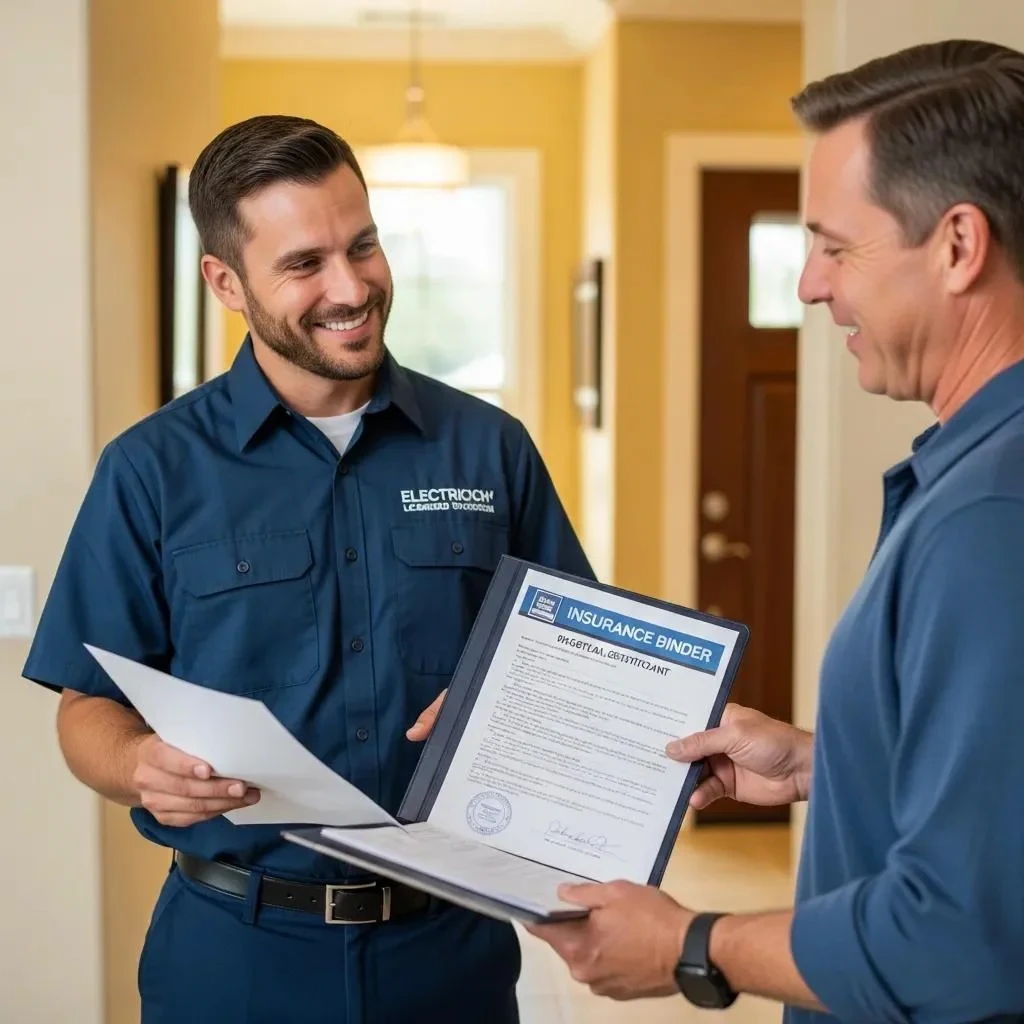 Licensed electrician presenting certification and insurance to a homeowner