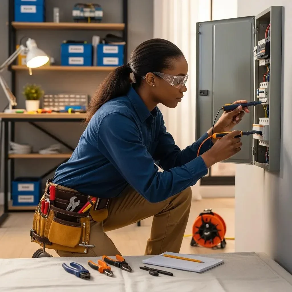 Licensed electrician troubleshooting a circuit breaker panel, showcasing professional electrical services