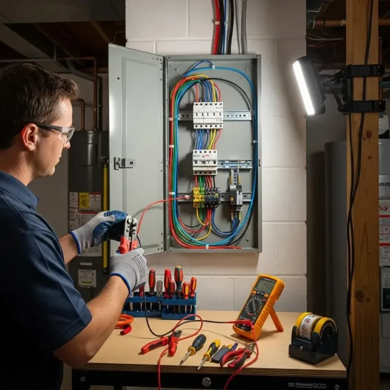 Licensed electrician upgrading an electrical panel in a home, emphasizing safety and modern electrical systems