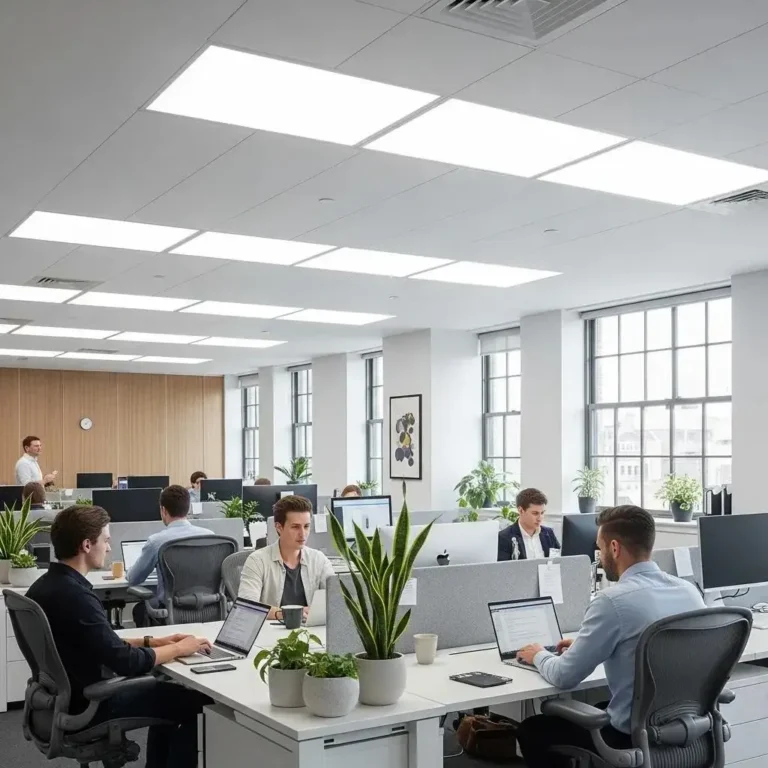 Modern office with energy-efficient LED lighting showcasing productivity and comfort