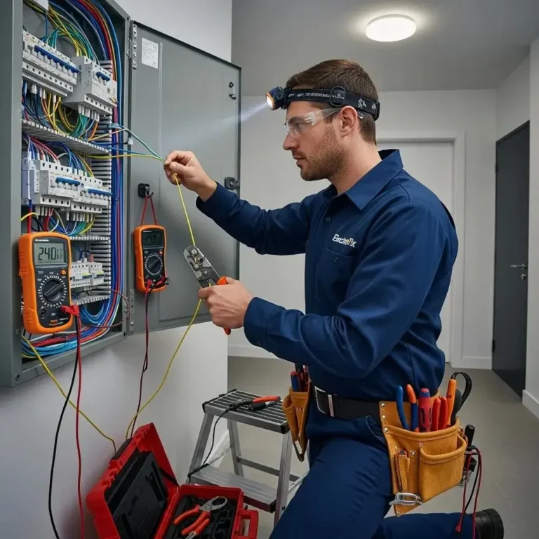 Professional electrician addressing an electrical emergency in a home setting