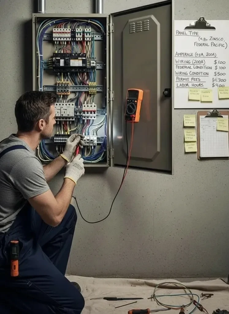 Electrician assessing an electrical panel, illustrating factors affecting replacement cost