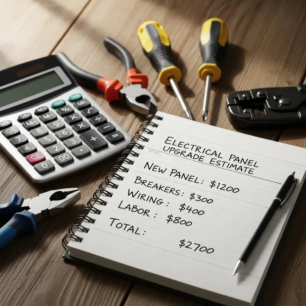 Calculator and tools for budgeting an electrical panel upgrade, symbolizing planning and costs