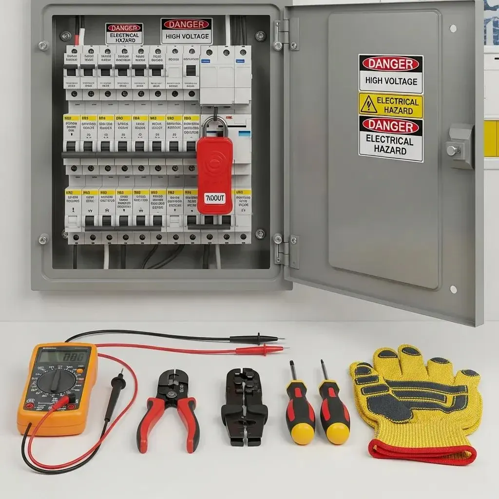 Close-up of a circuit breaker panel emphasizing electrical safety and compliance