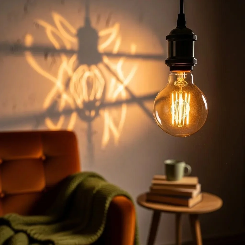 Flickering light bulb close-up in a living room, illustrating a common household electrical issue
