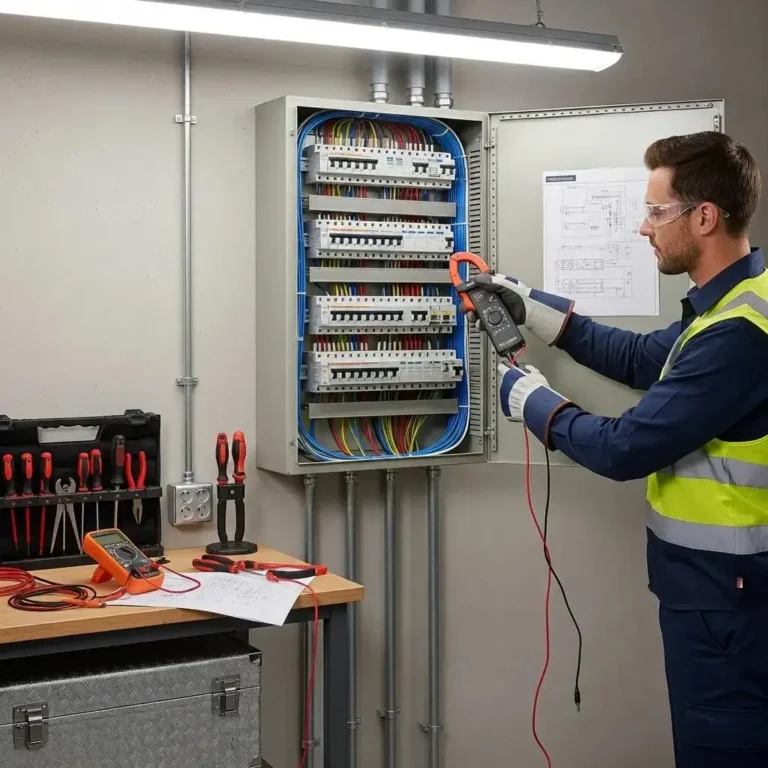 Commercial electrical panel with an electrician balancing loads, emphasizing energy efficiency and safety