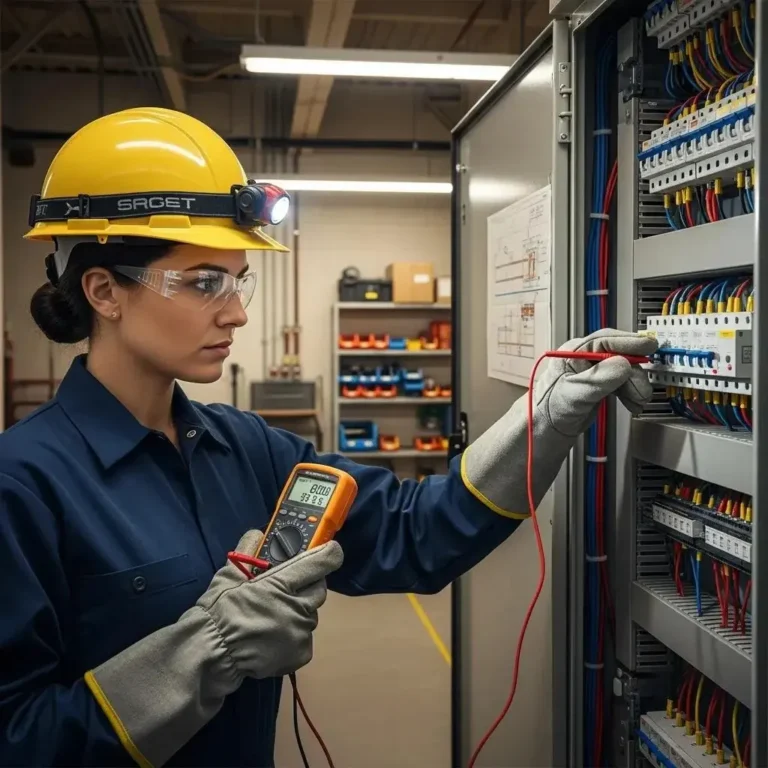 Commercial electrician diagnosing electrical issues in a business setting