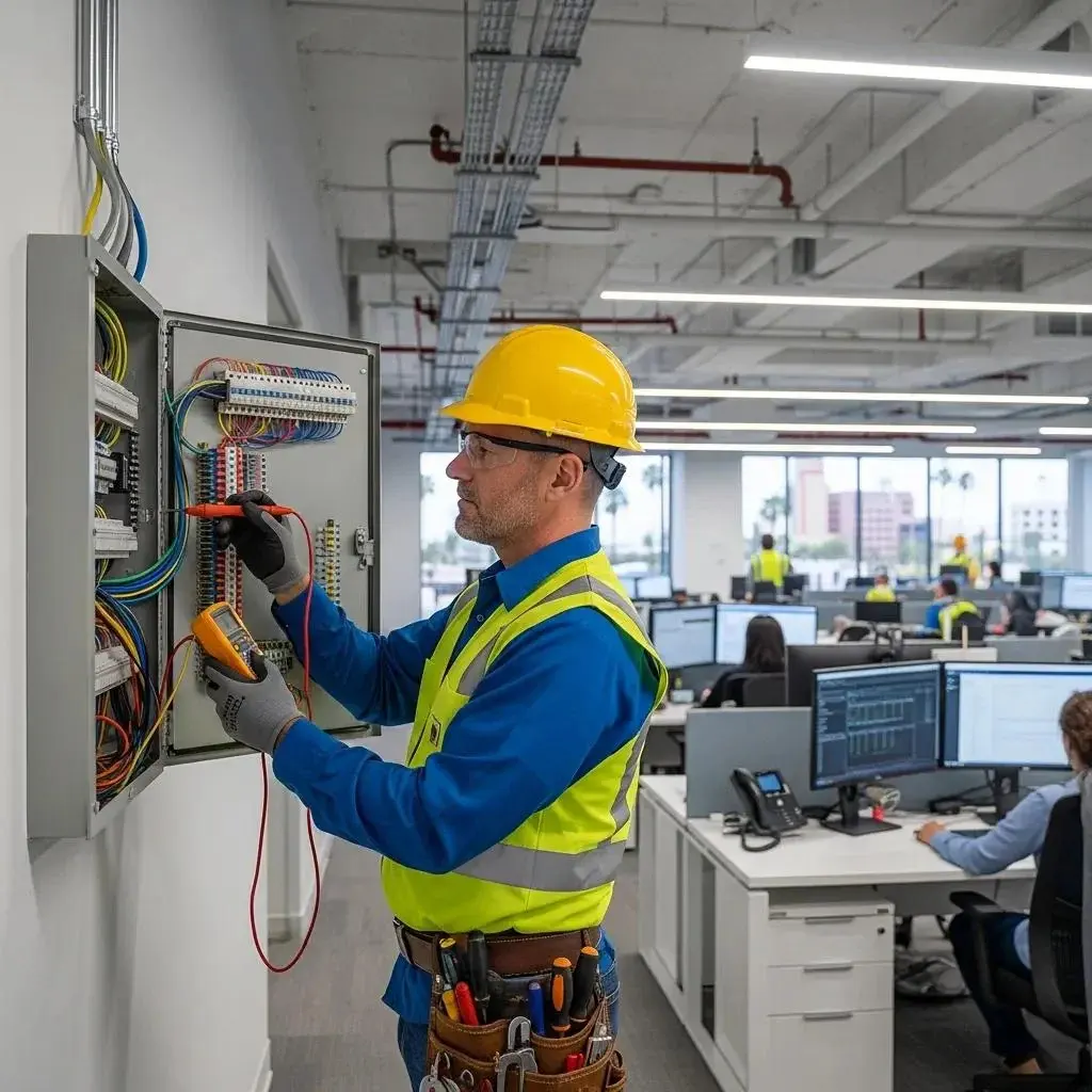 Commercial electrician inspecting electrical systems in a Fresno business environment