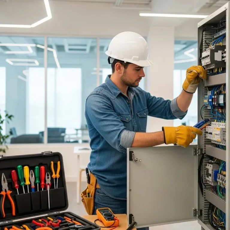Commercial electrician inspecting electrical systems in a Fresno business environment