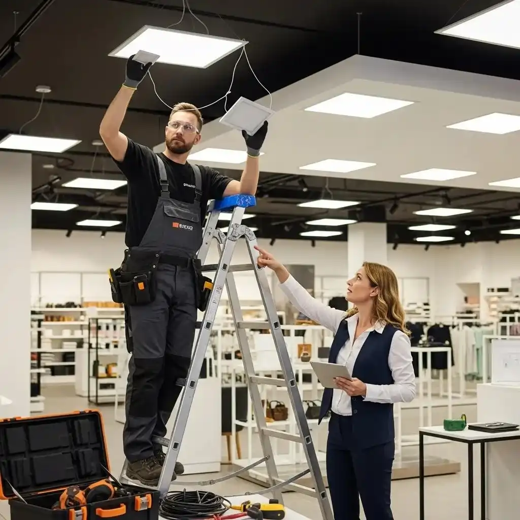 Commercial electrician installing LED lighting in a retail space, highlighting teamwork and professionalism