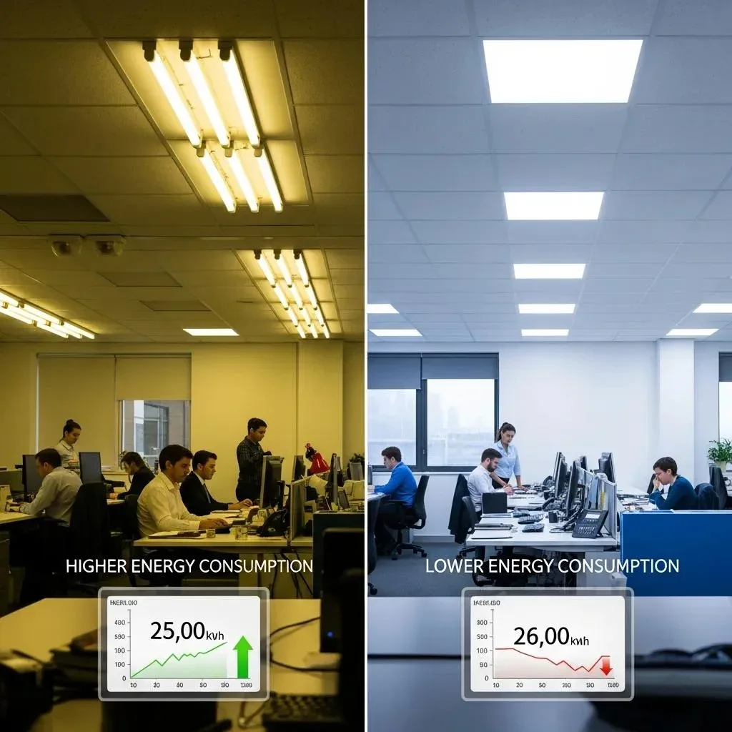Side-by-side comparison of traditional and LED lighting in a commercial space, showing energy savings