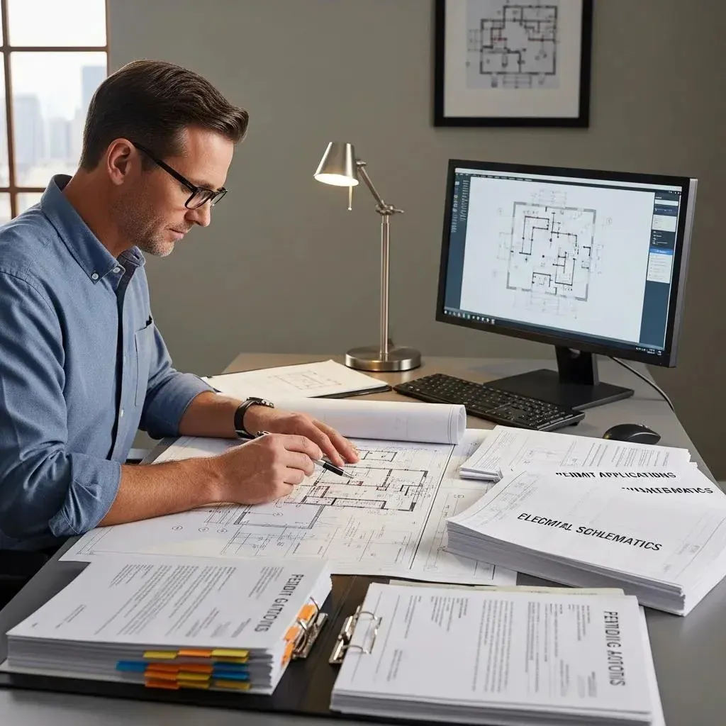Contractor reviewing electrical plans and permits in an office, focusing on the Fresno permit process