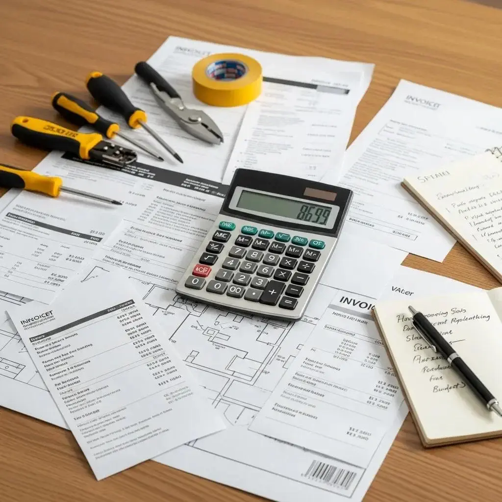 Invoice and tools showing a cost breakdown for whole-house rewiring in Fresno