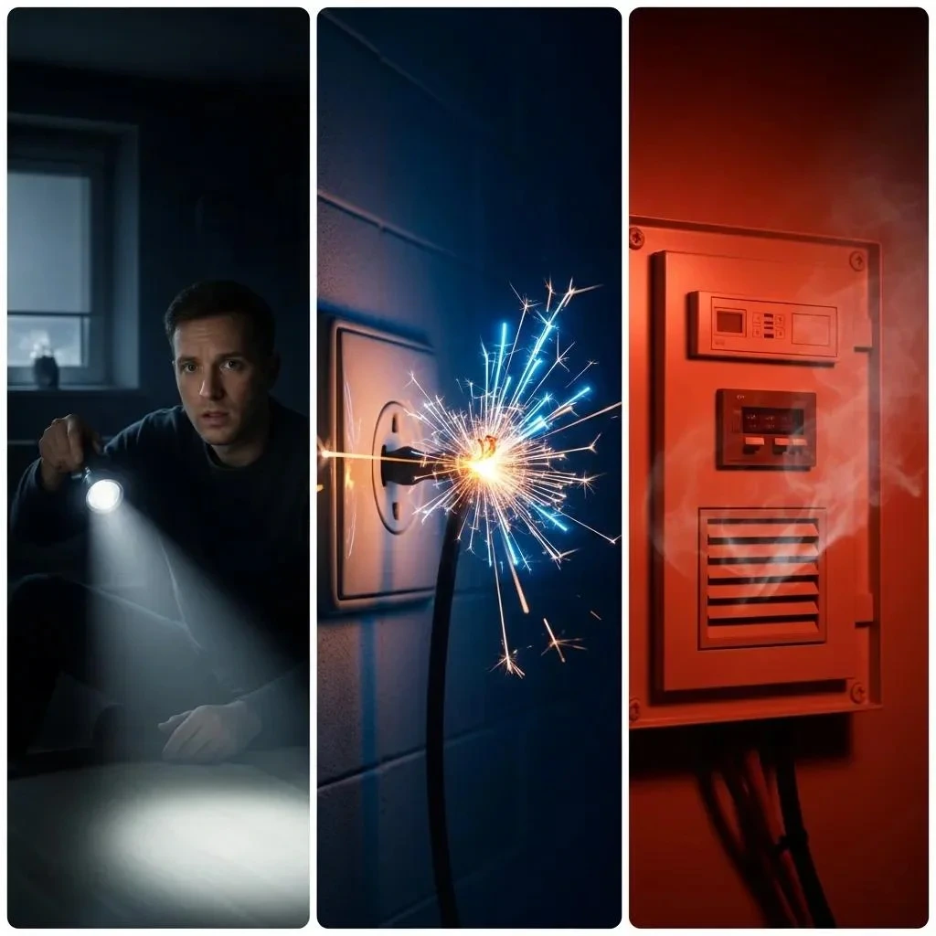 Different types of electrical emergencies including power outage and overheating panel