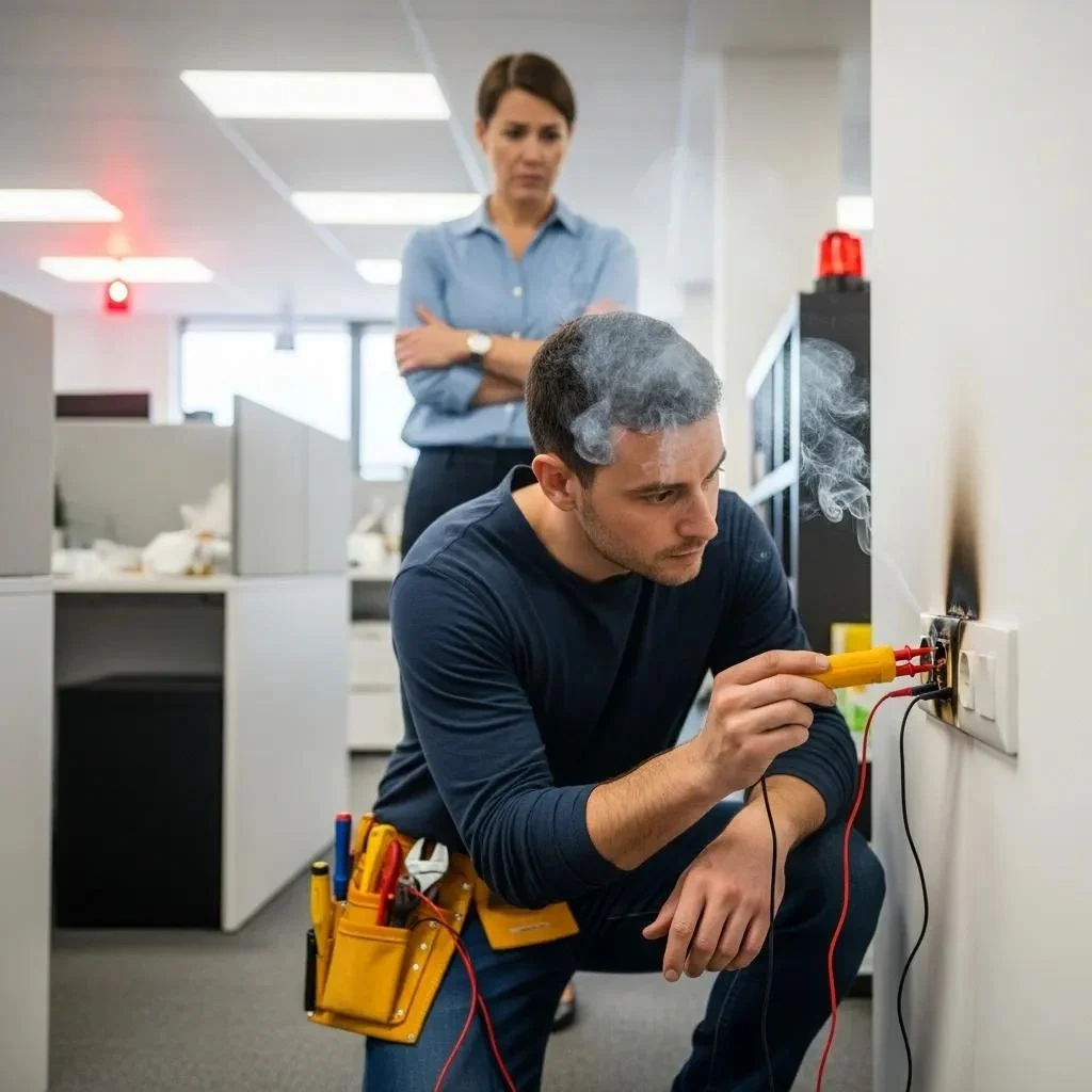 Electrician addressing an emergency electrical issue in a commercial setting