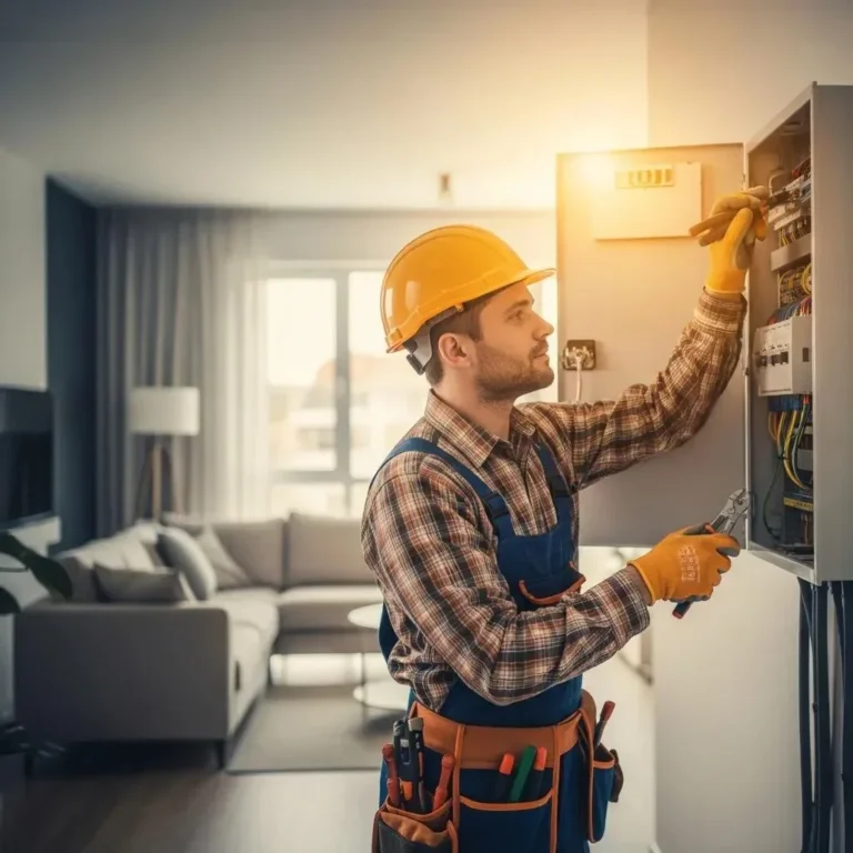 Electrician inspecting a circuit panel in a modern home, highlighting reliable electrical services