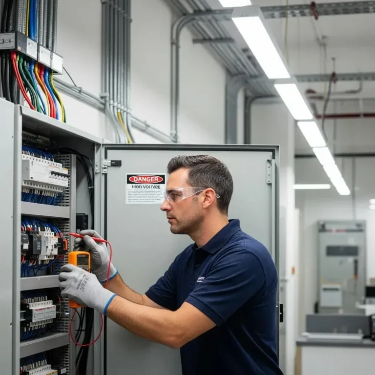 Electrician inspecting a commercial electrical panel, highlighting safety and compliance in business settings