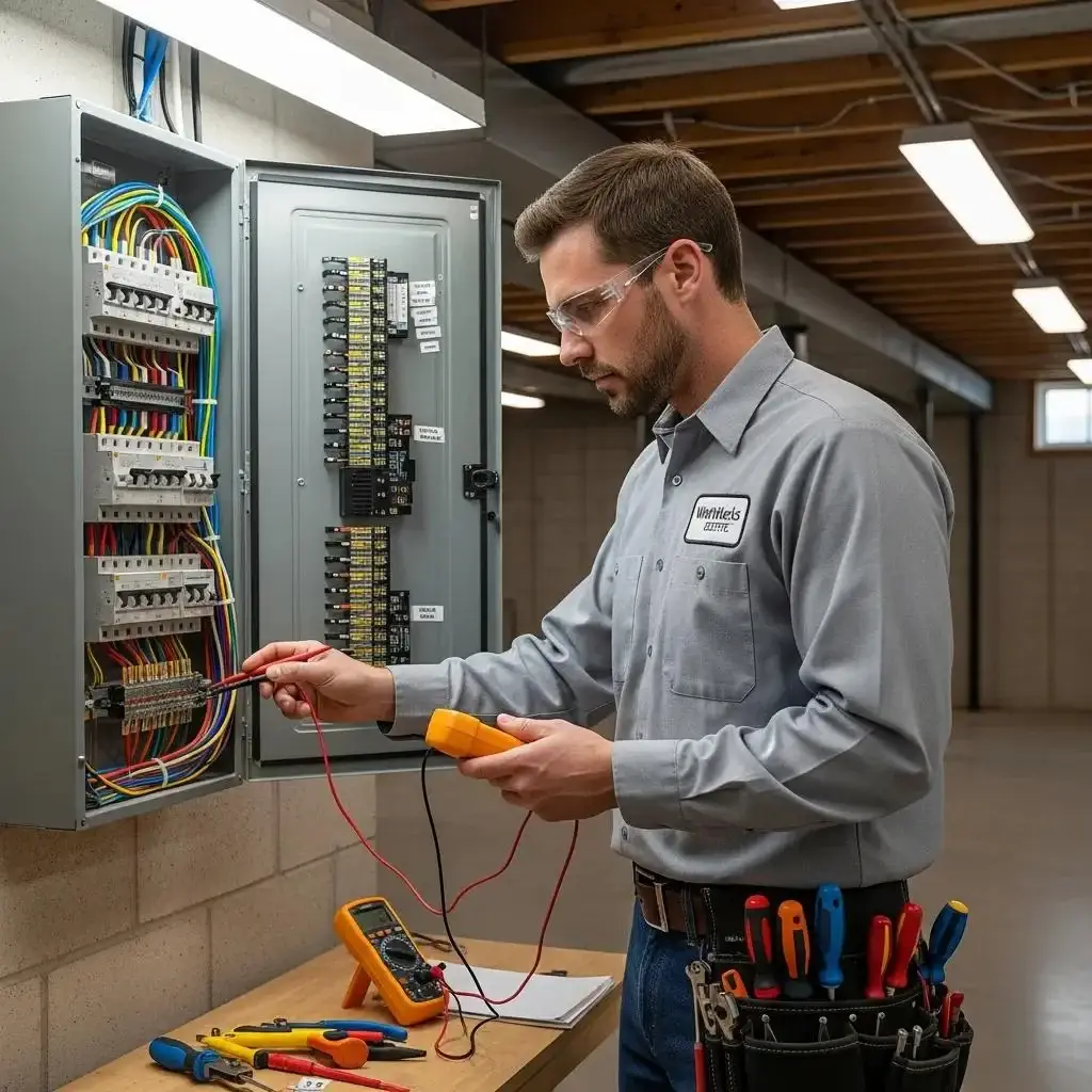 Electrician inspecting an electrical panel, emphasizing safety and thoroughness