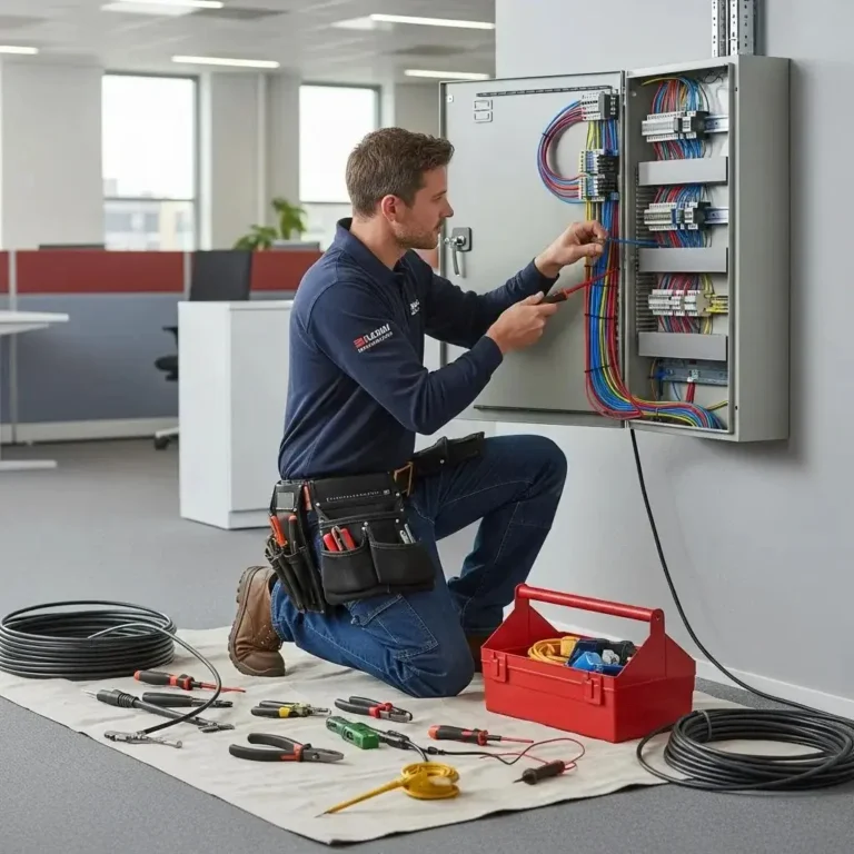 Electrician installing commercial wiring in a modern office setting
