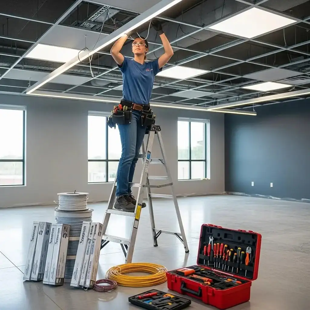 Electrician installing lighting in a commercial office, emphasizing professional electrical services