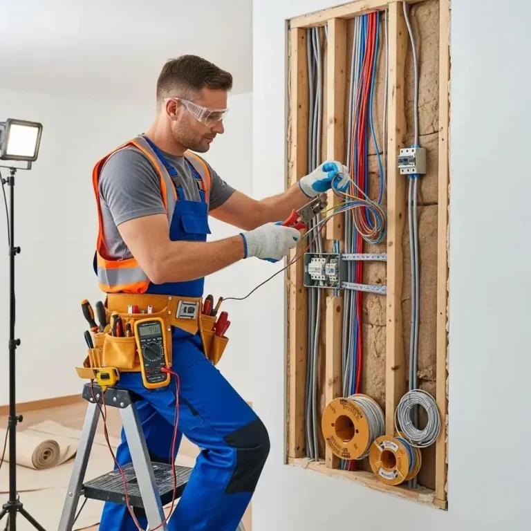 Electrician installing new wiring in a Fresno home, showcasing whole-house rewiring process