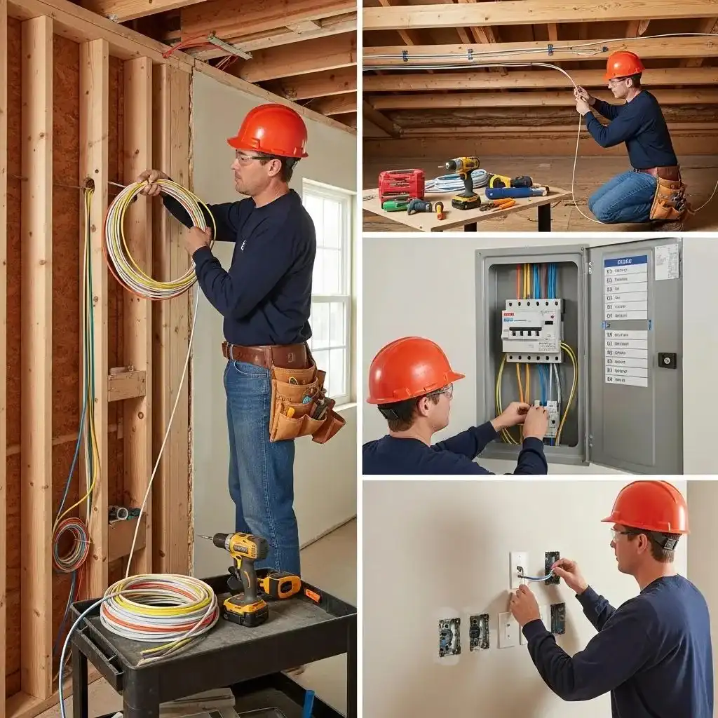 Electrician running new wiring during a whole‑house rewire, showing the installation process