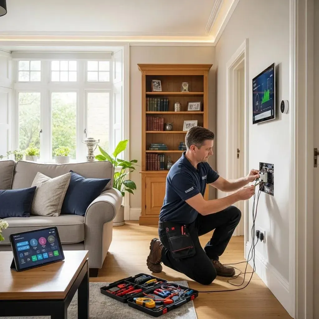 Electrician installing smart home technology in a modern living room