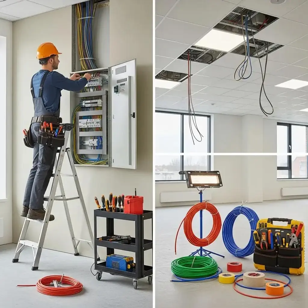 Electrician performing electrical installation in a commercial office space