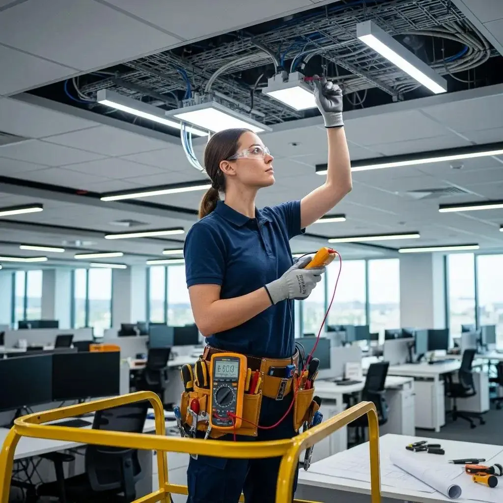 Electrician performing maintenance on commercial electrical systems