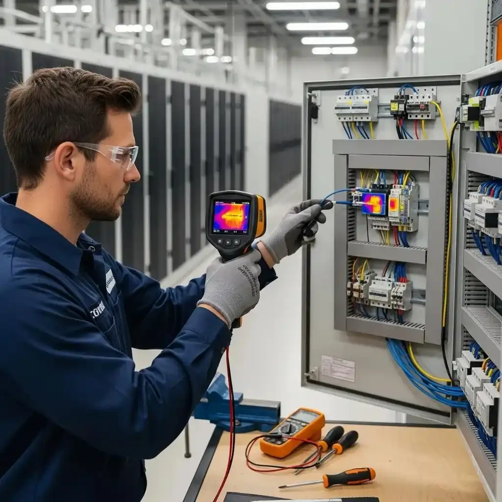 Electrician performing preventative maintenance check on electrical systems