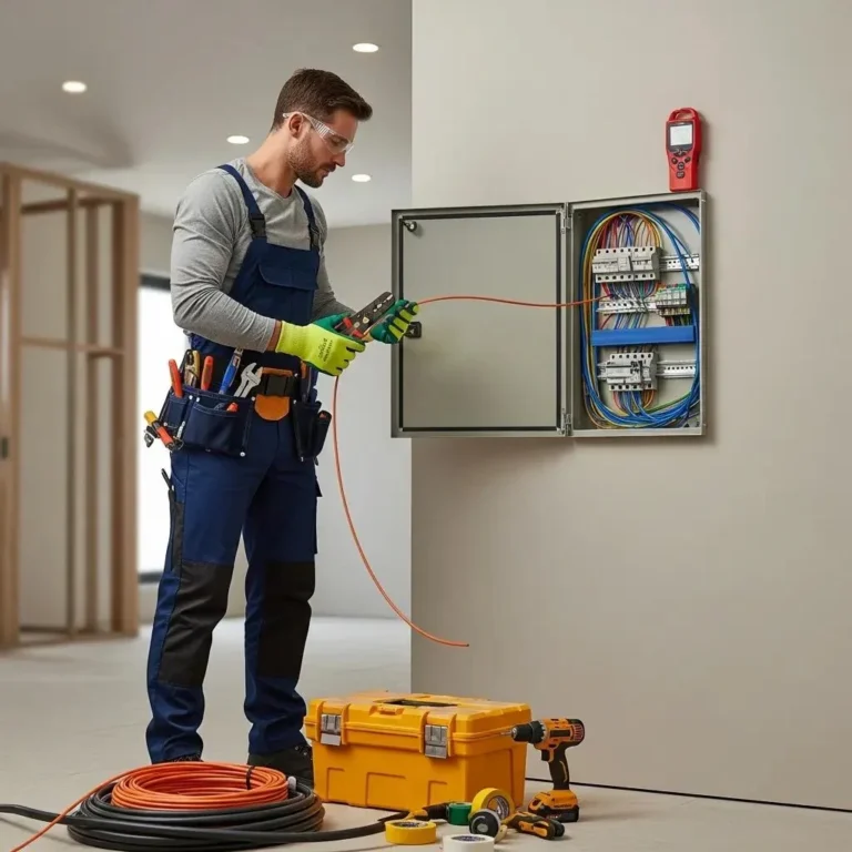 Electrician performing residential electrical installation with tools and safety gear