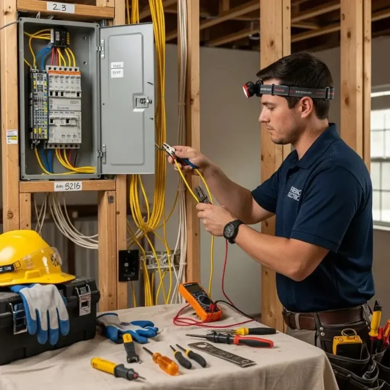 Electrician performing whole-house rewiring in a Fresno home, showcasing modern electrical work