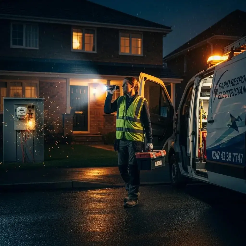 Electrician responding to an emergency call at night with tools and flashlight