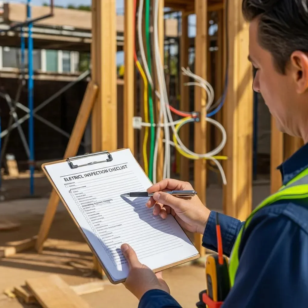 Electrician reviewing an electrical inspection checklist at a residential site