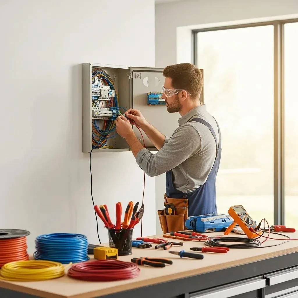 Electrician rewiring a modern home, showcasing safety and professionalism