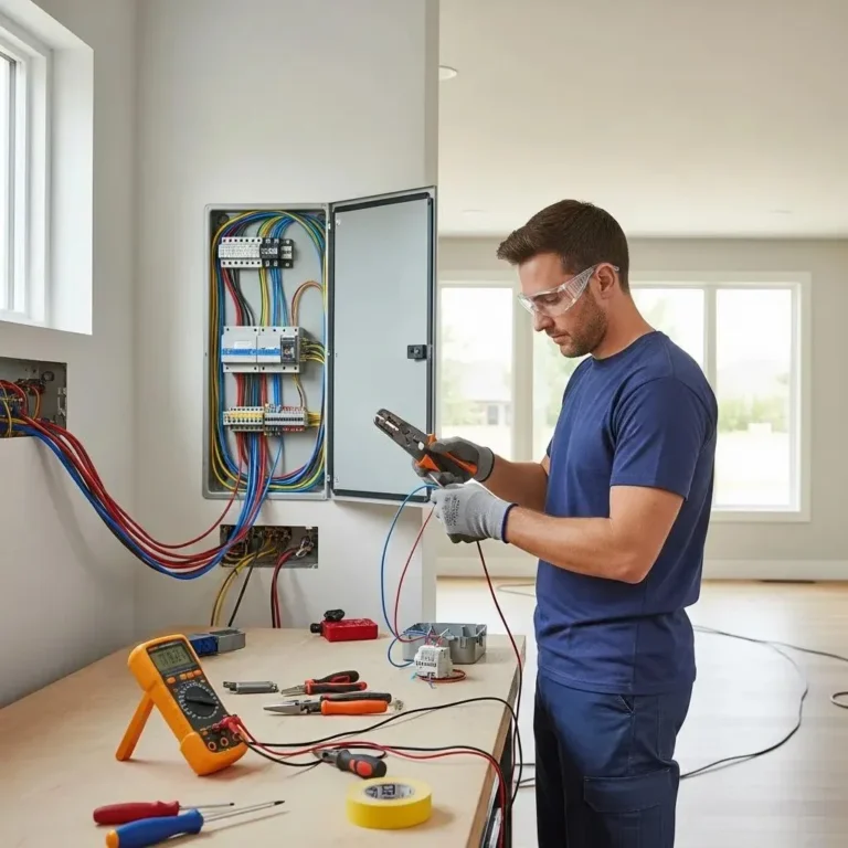 Electrician rewiring a modern home, showcasing safety and professionalism in electrical work
