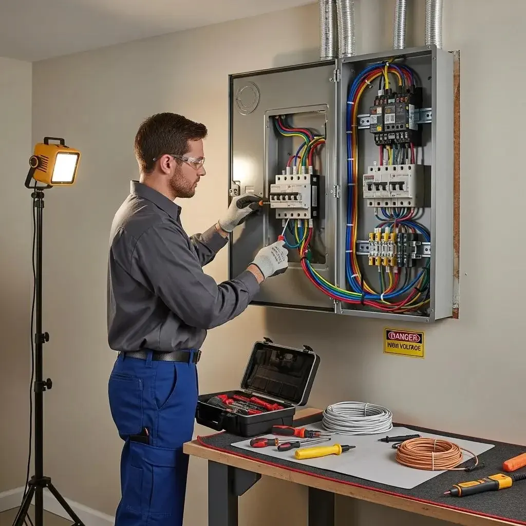 Licensed electrician installing a modern electrical panel in a Fresno residence