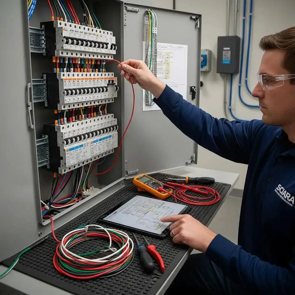 Electrician upgrading a commercial electrical panel to improve load balancing and distribution